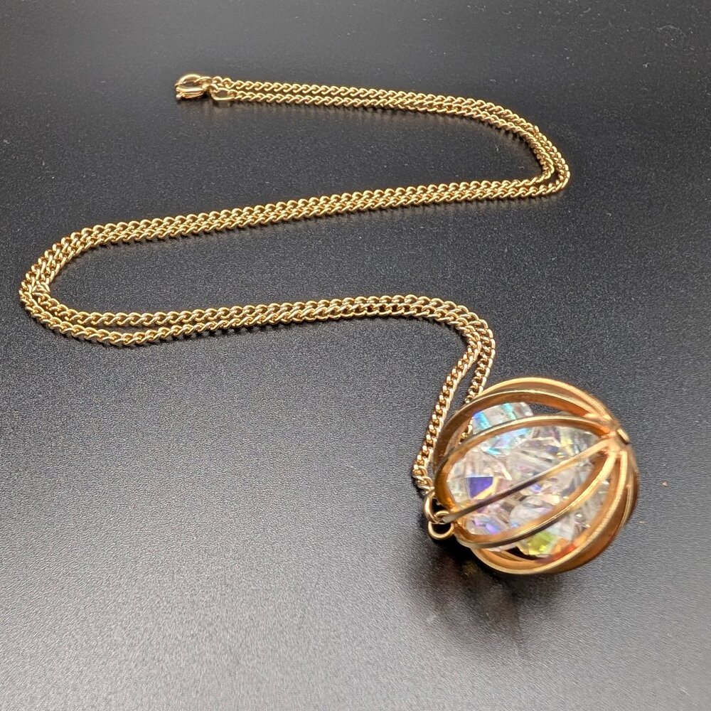 Gold Geometric Pendant Necklace with Iridescent Beads - Vintage